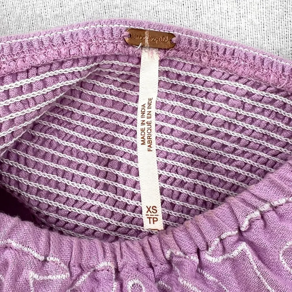 FREE PEOPLE Lotus Skirt Set TOP ONLY Women XS Purple Embroidered Puff Sleeve NEW